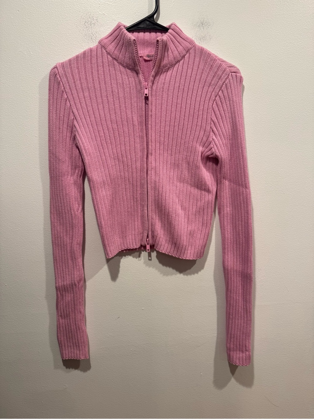 John Galt Pink Ribbed Full-Zip Mock Neck Sweater